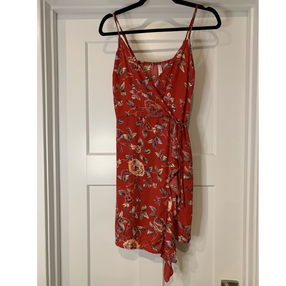 Red floral wrap dress